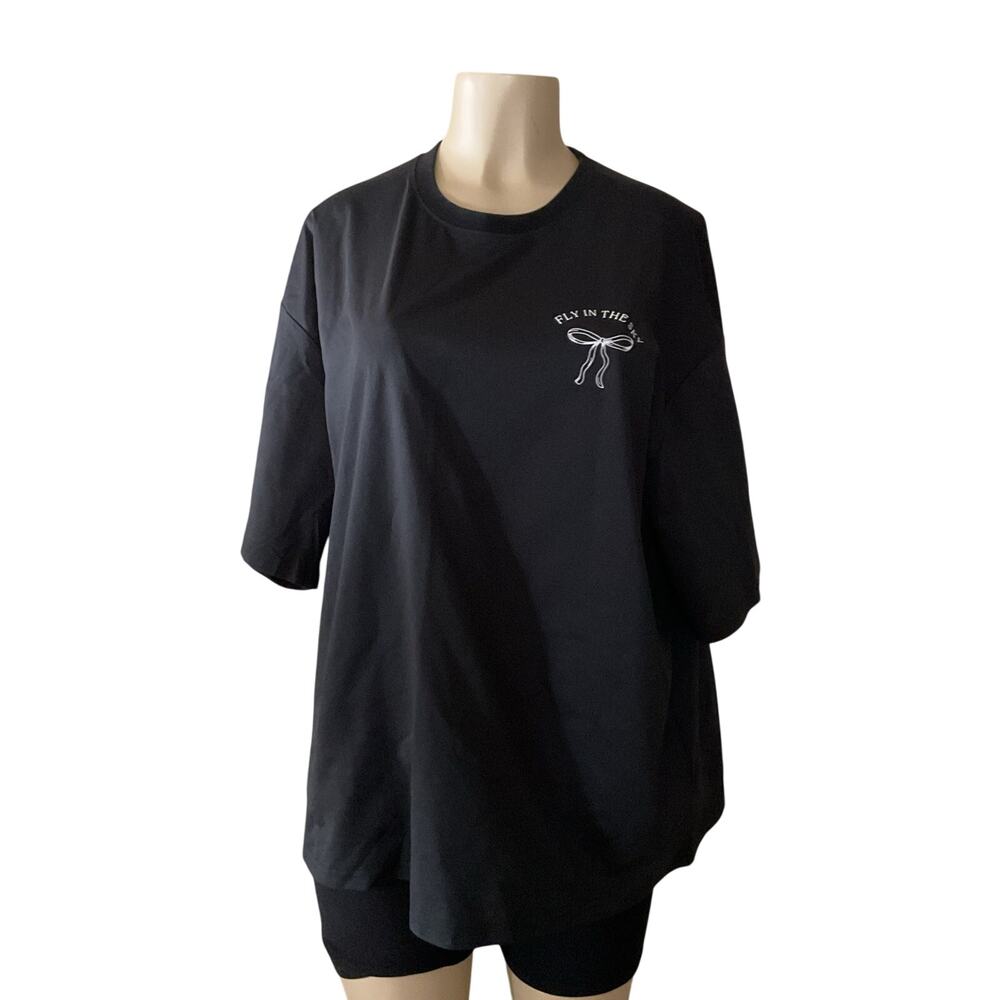Dazy Fly In The Sky Oversized Black Graphic T-Shirt Pink Bow Size L NWT